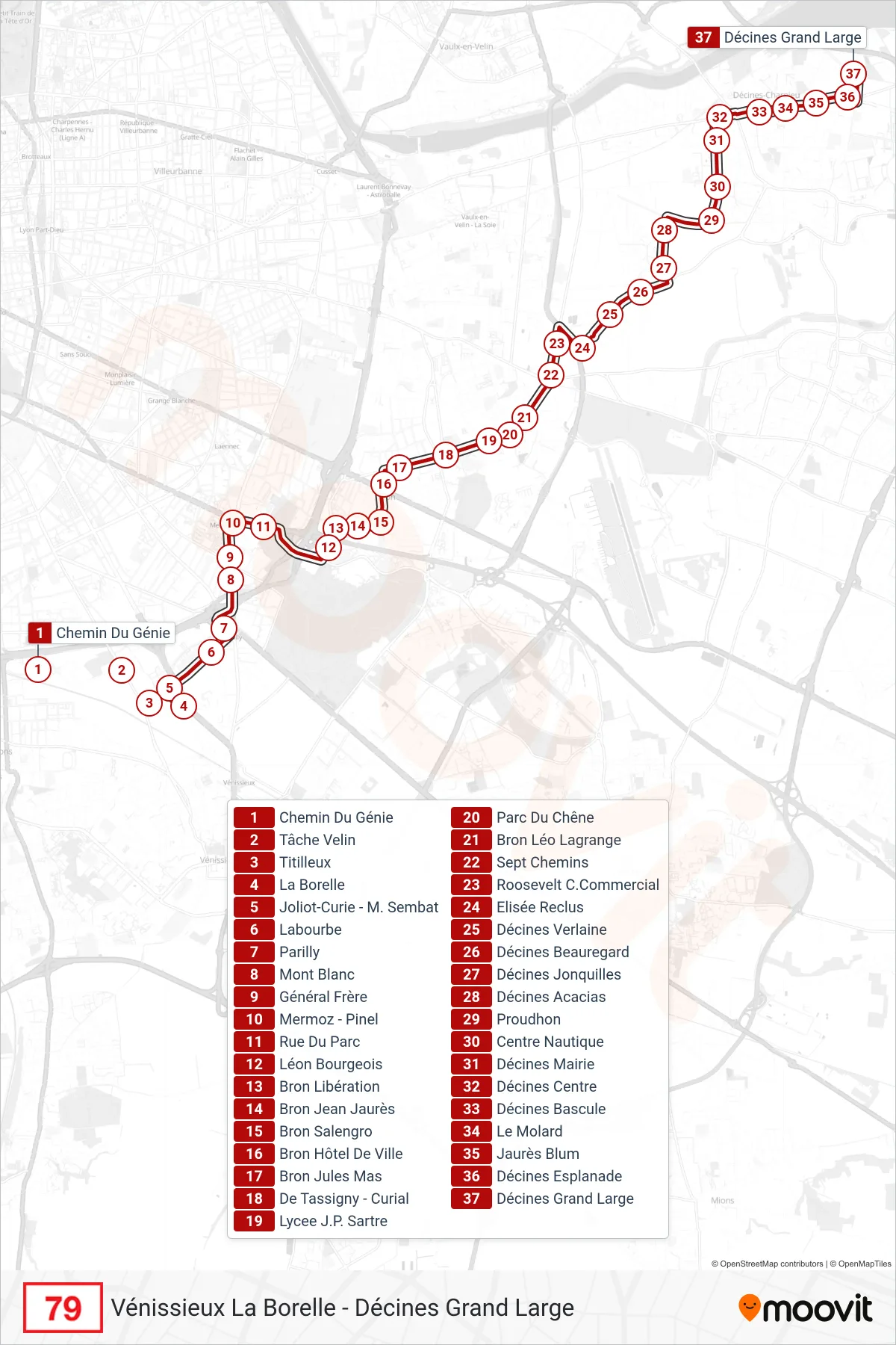 79 bus Line (Décines Grand Large) route and stops on a map