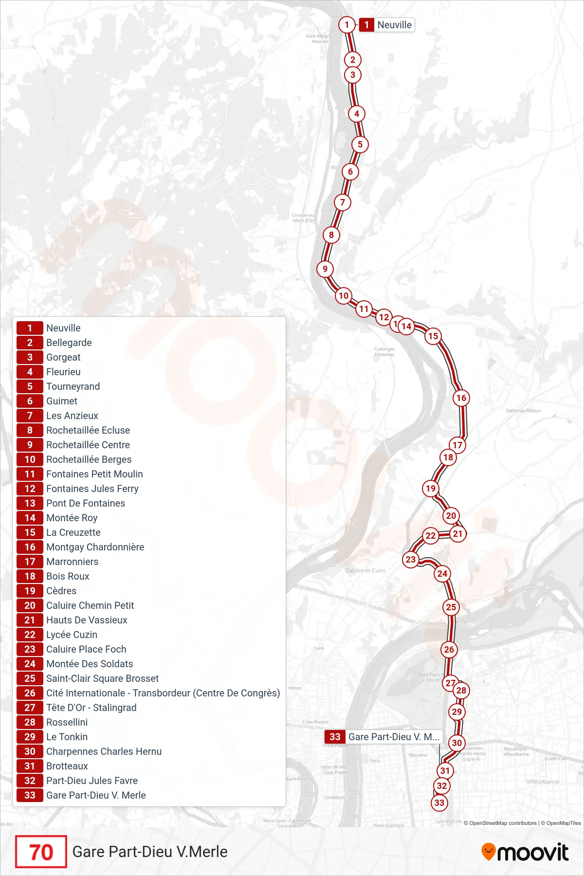 70 bus Line (Gare Part-Dieu V.Merle) route and stops on a map