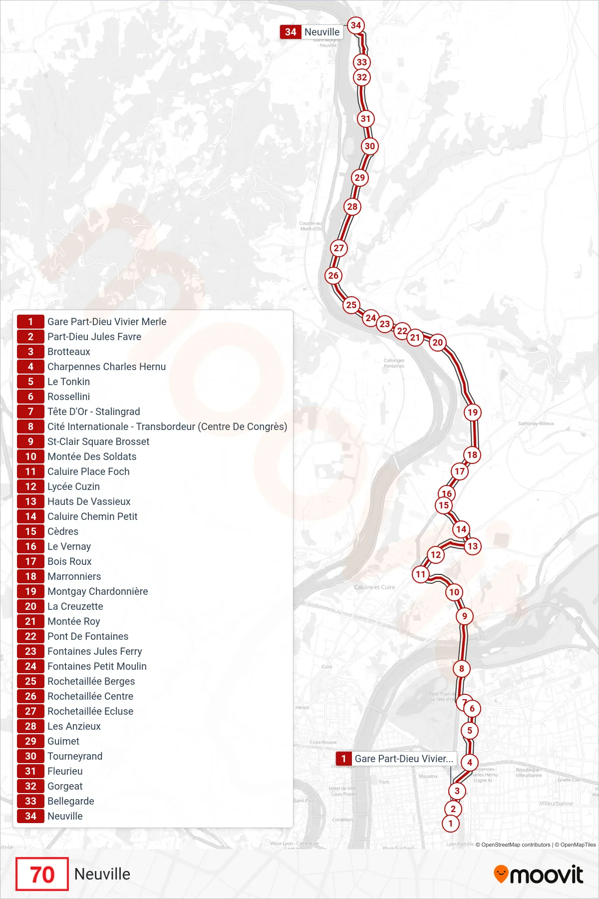 Tracé et arrêts de la ligne 70 de bus (Neuville) sur une carte