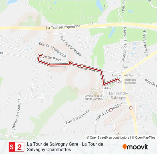 Plan de la ligne S2 de bus