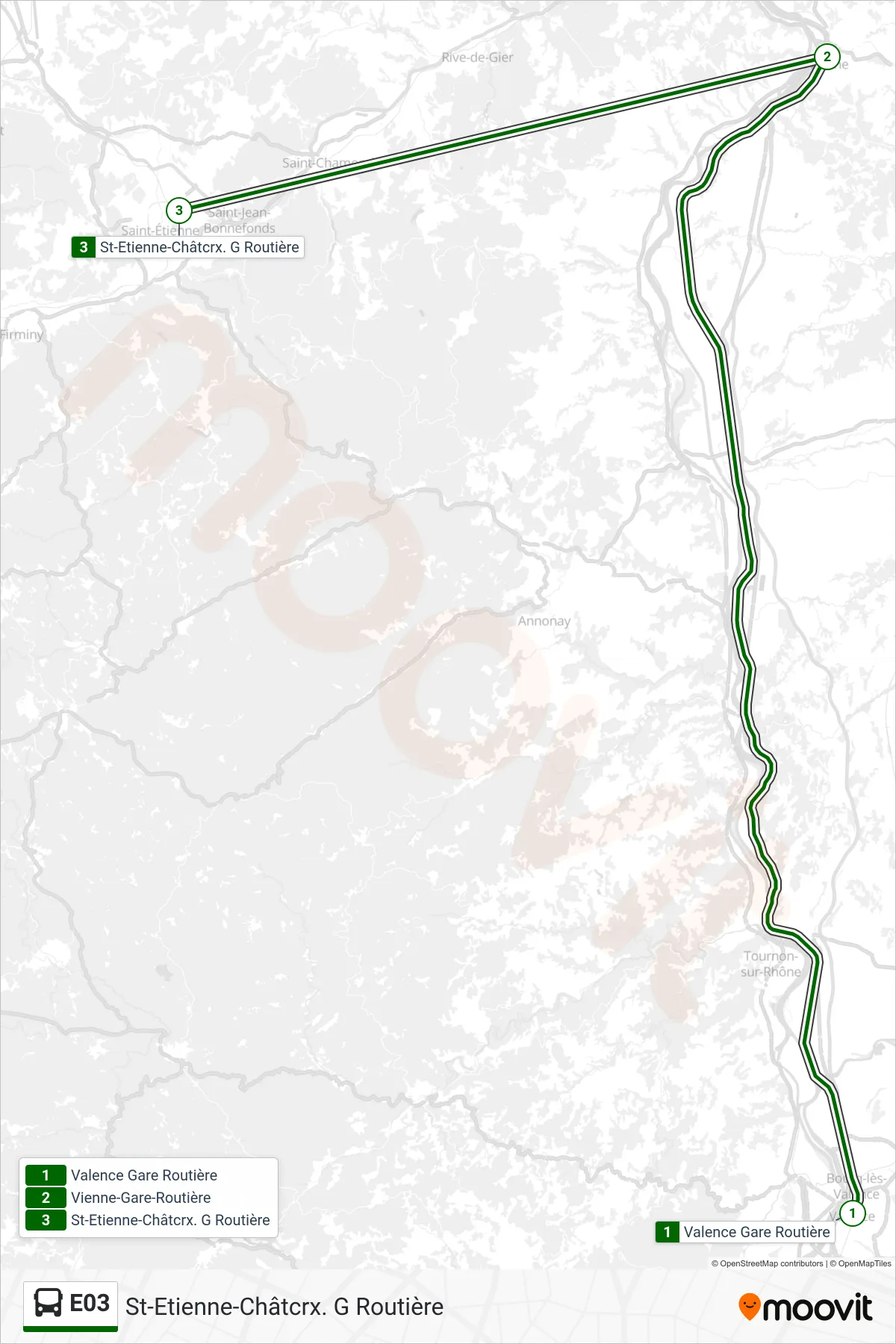 Tracé et arrêts de la ligne E03 de bus (St-Etienne-Châtcrx. G Routière) sur une carte