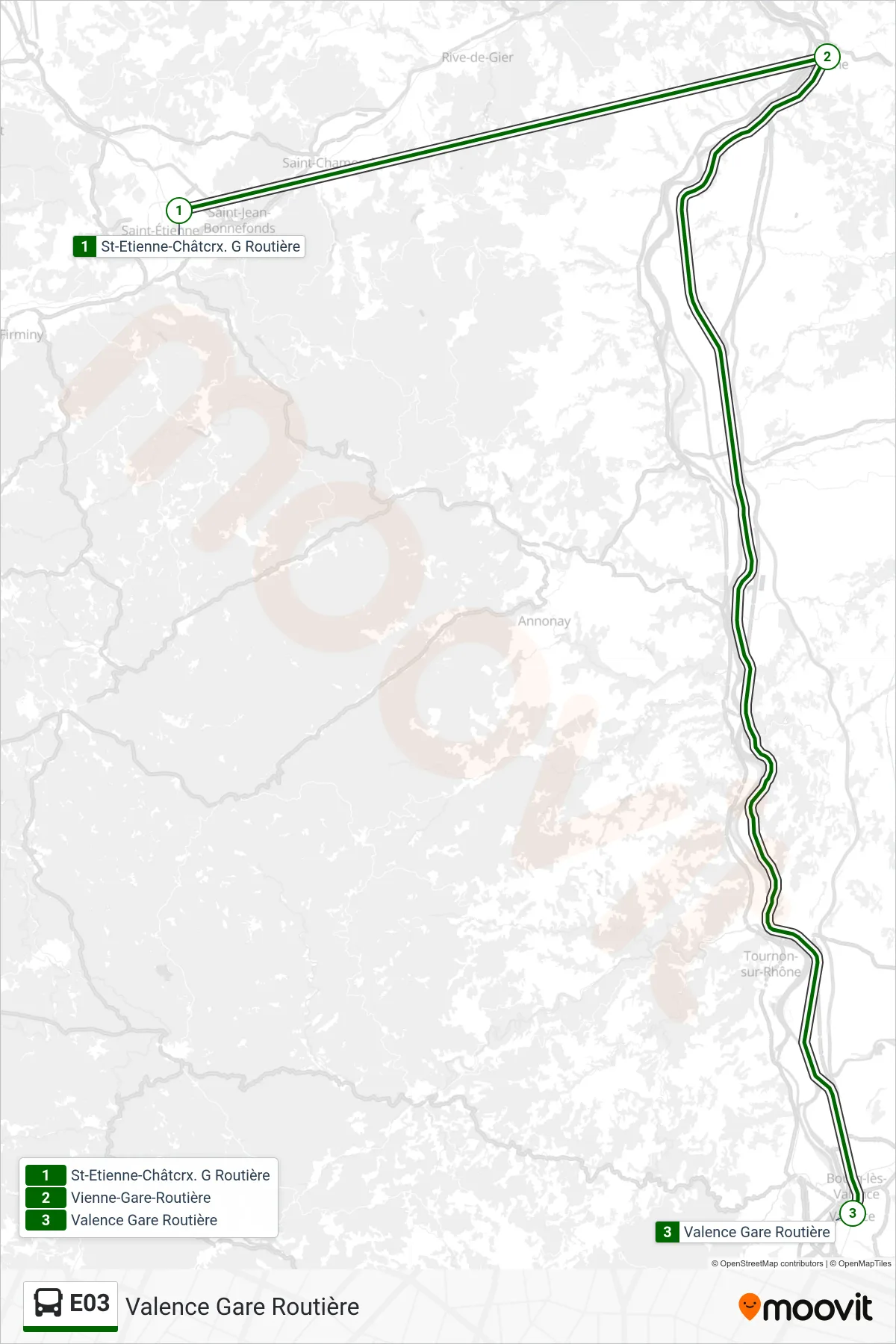 Tracé et arrêts de la ligne E03 de bus (Valence Gare Routière) sur une carte