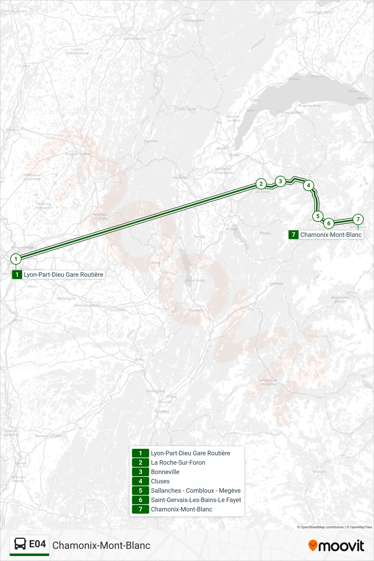 Recorrido y paradas de la línea E04 de autobús (Chamonix-Mont-Blanc) en el mapa