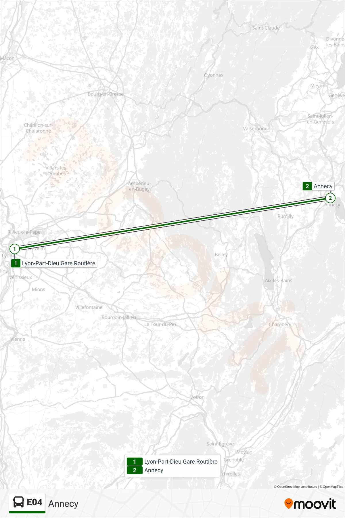 Tracé et arrêts de la ligne E04 de bus (Annecy) sur une carte