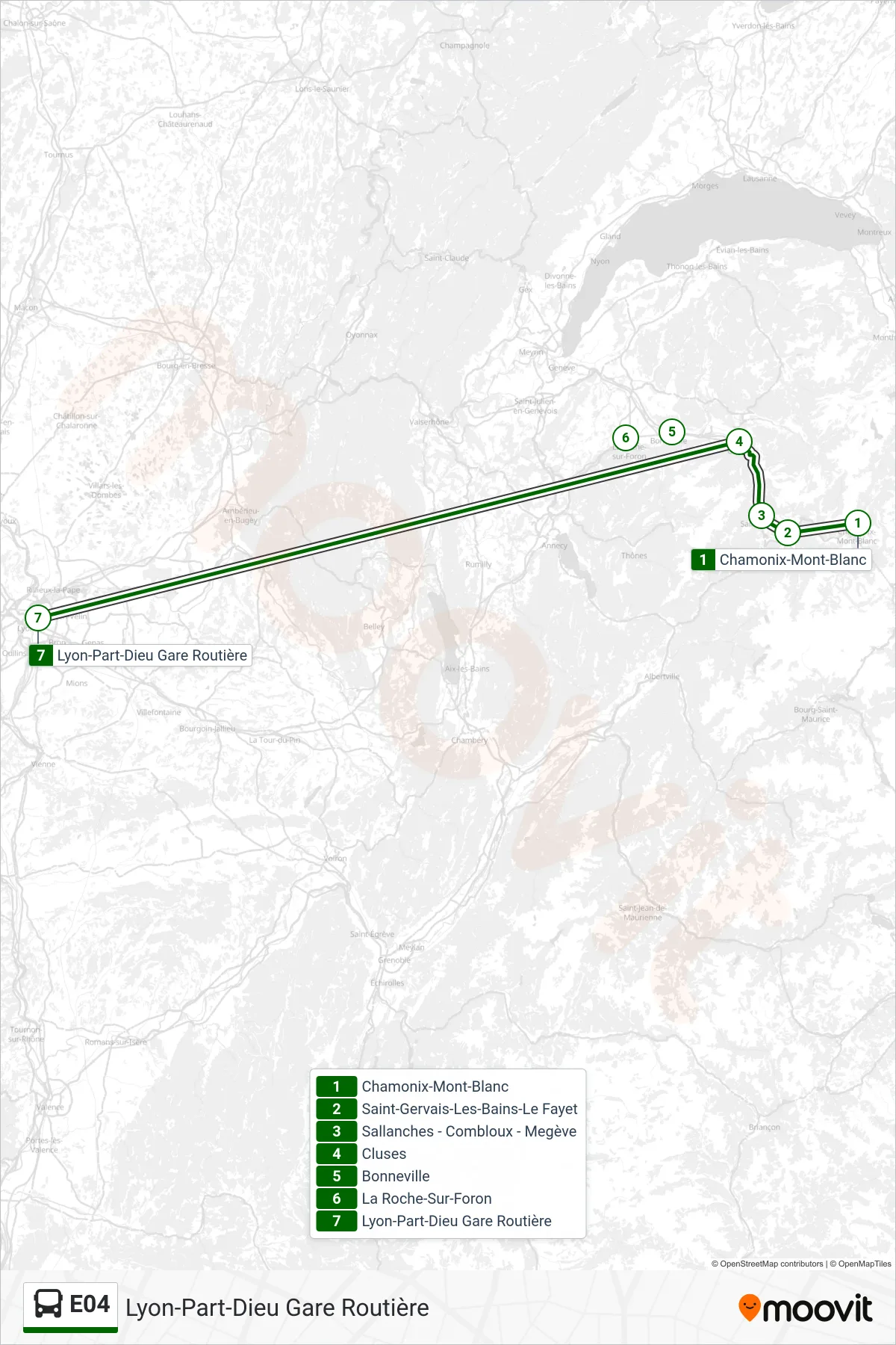Recorrido y paradas de la línea E04 de autobús (Lyon-Part-Dieu Gare Routière) en el mapa