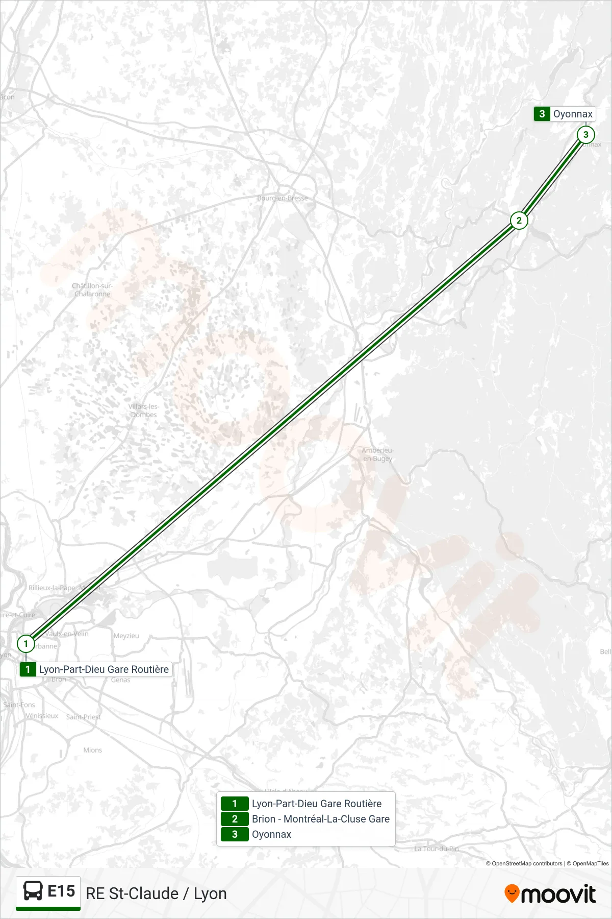 Tracé et arrêts de la ligne E15 de bus (Oyonnax) sur une carte