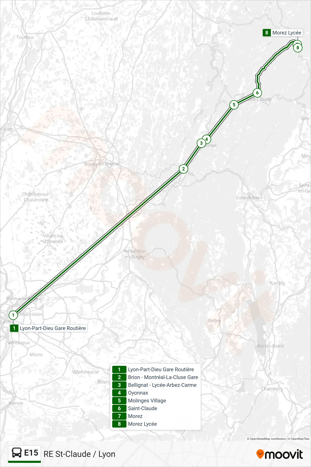 Tracé et arrêts de la ligne E15 de bus (Morez Lycée) sur une carte