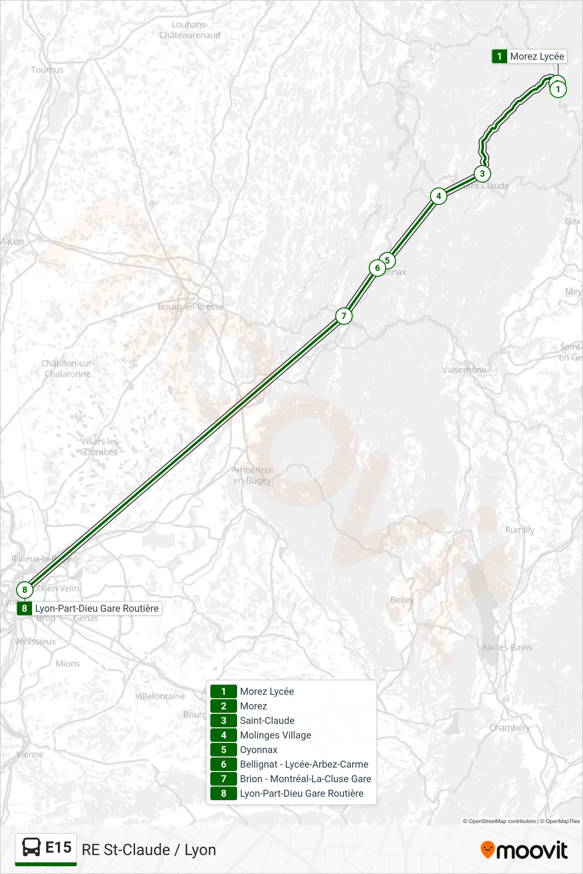 E15 bus Line (Lyon-Part-Dieu Gare Routière) route and stops on a map