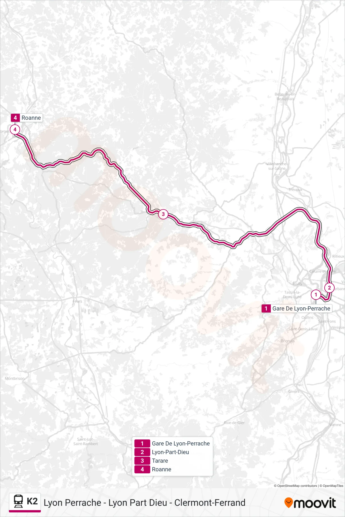 Tracé et arrêts de la ligne K2 de train (Roanne) sur une carte