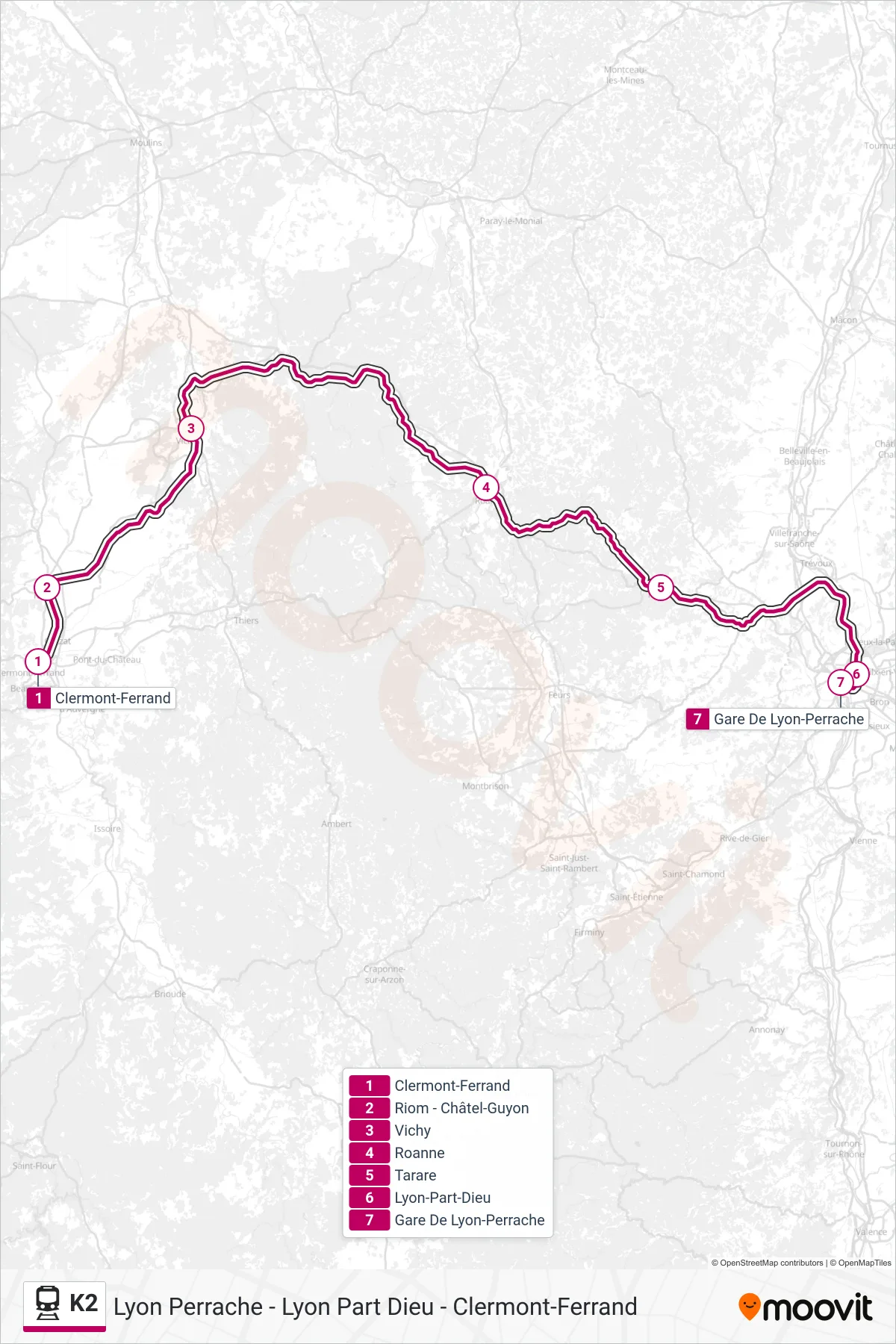 K2 train Line (Lyon Perrache) route and stops on a map
