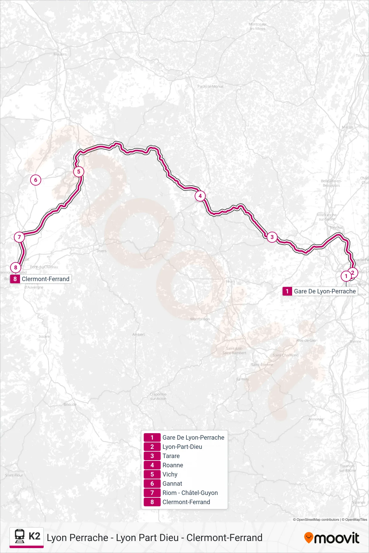 K2 rail Line (Clermont-Ferrand) route and stops on a map