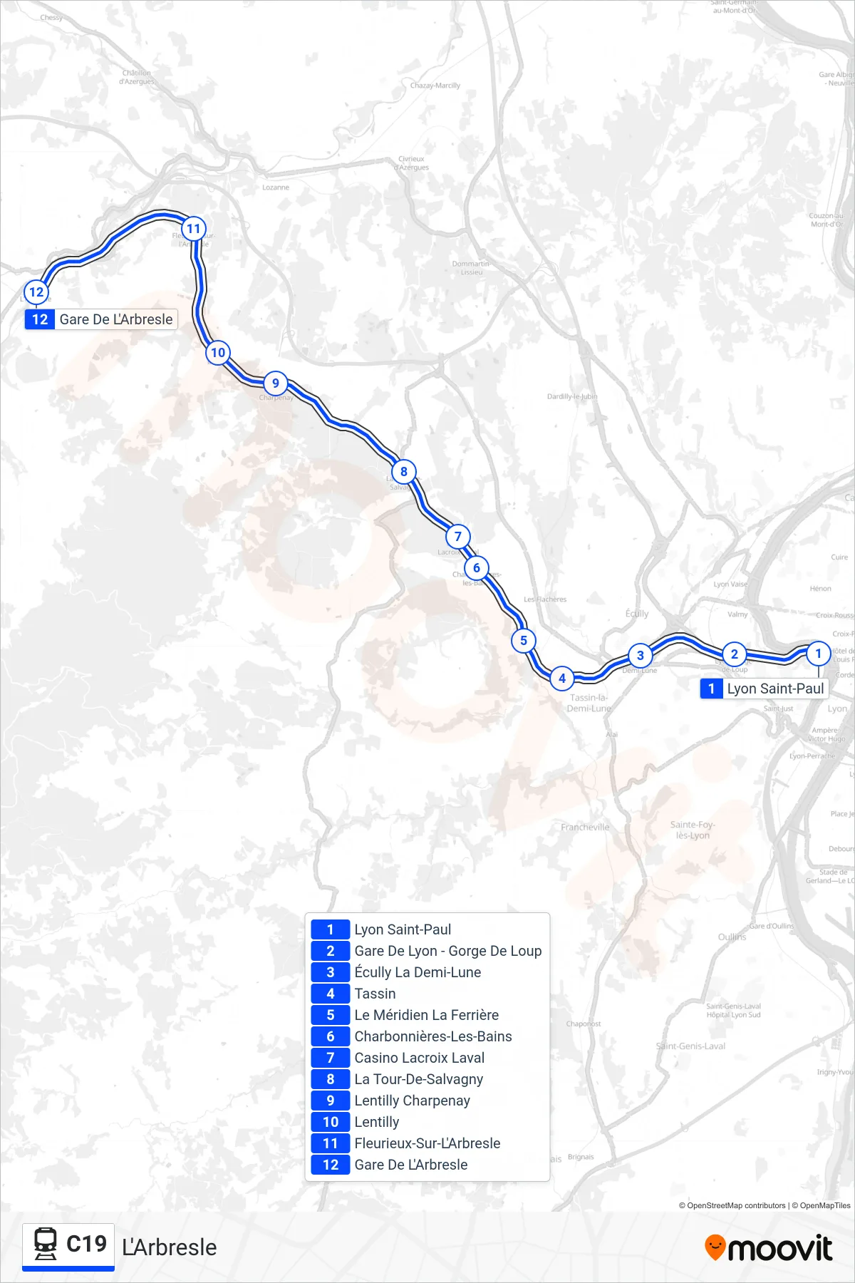 Tracé et arrêts de la ligne C19 de train (L'Arbresle) sur une carte