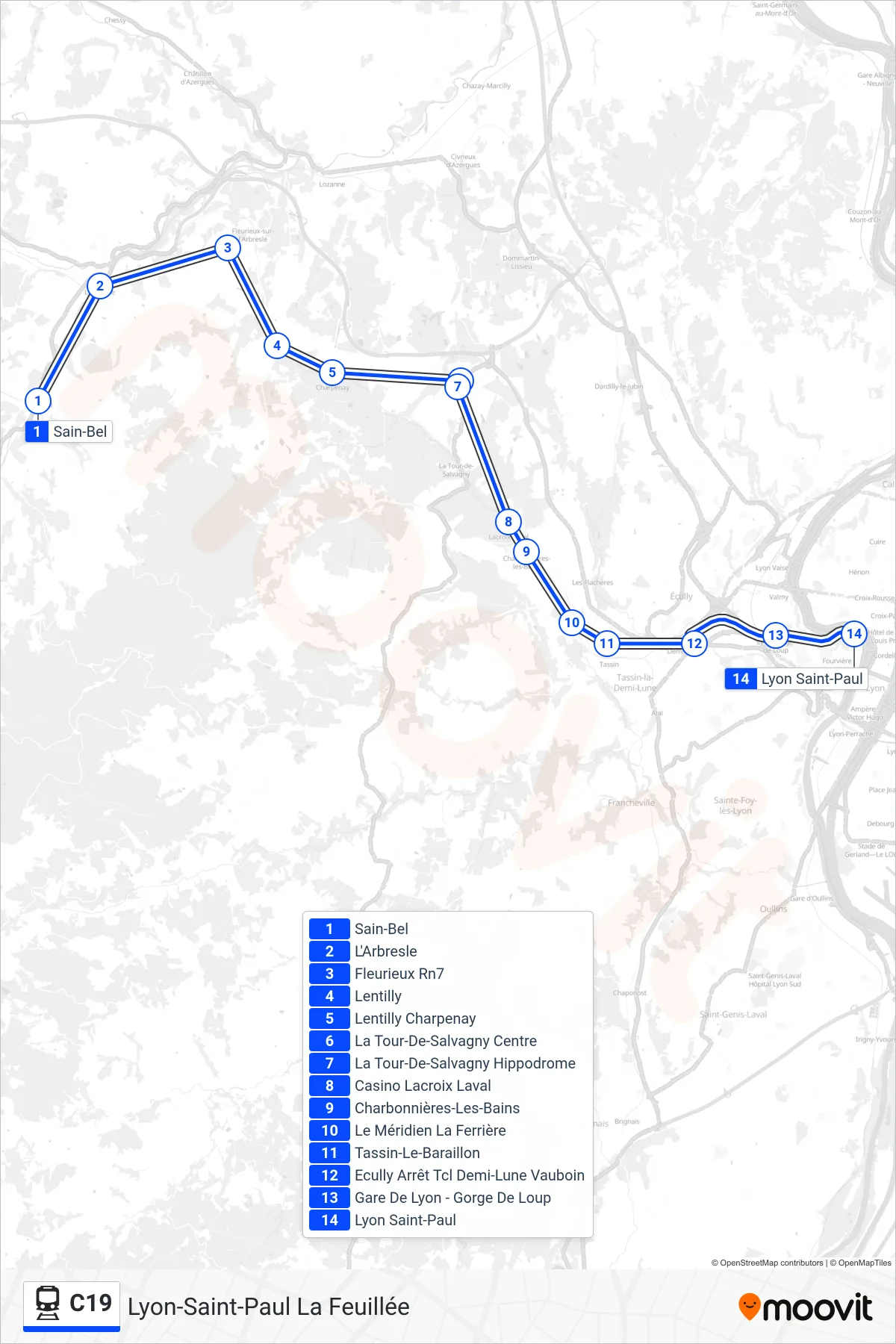 Tracé et arrêts de la ligne C19 de train (Lyon-Saint-Paul La Feuillée) sur une carte