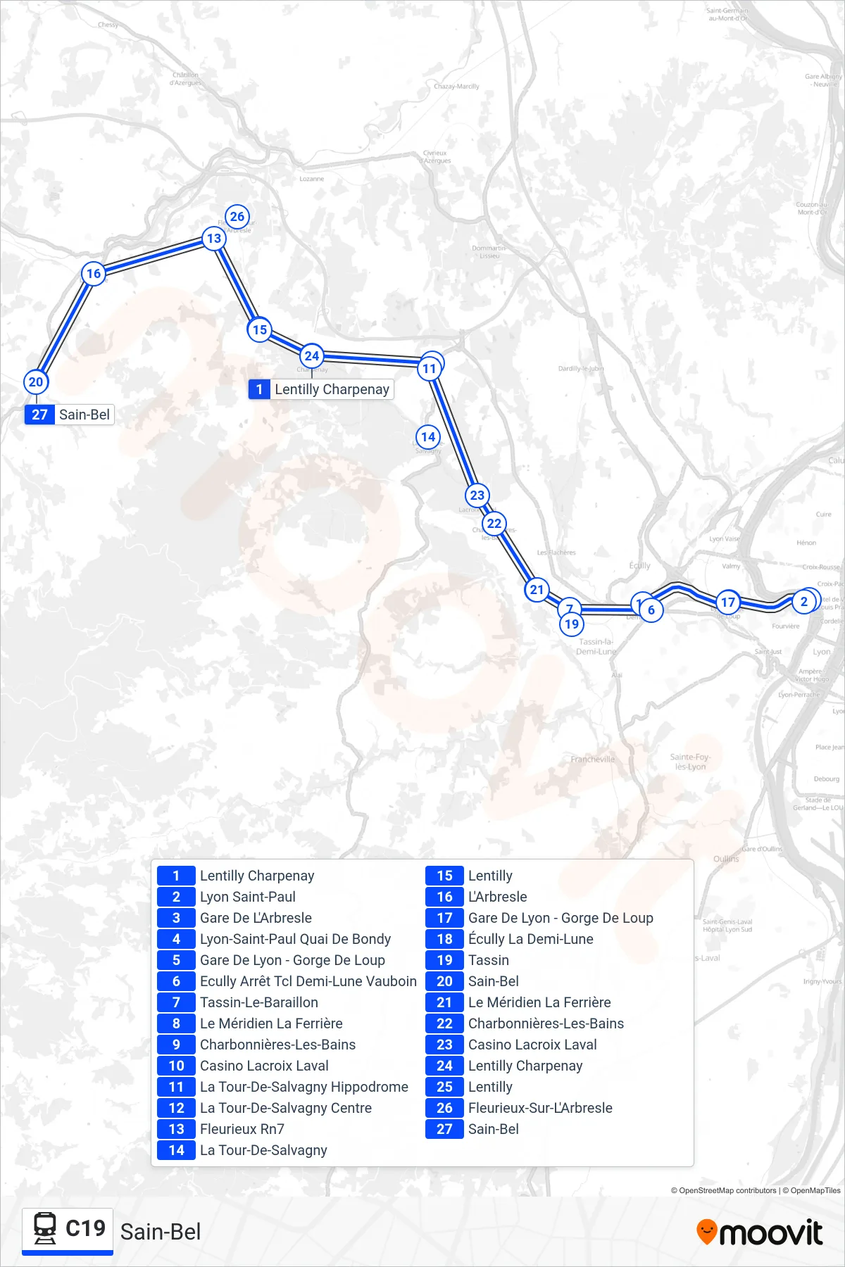 Tracé et arrêts de la ligne C19 de train (Sain-Bel) sur une carte