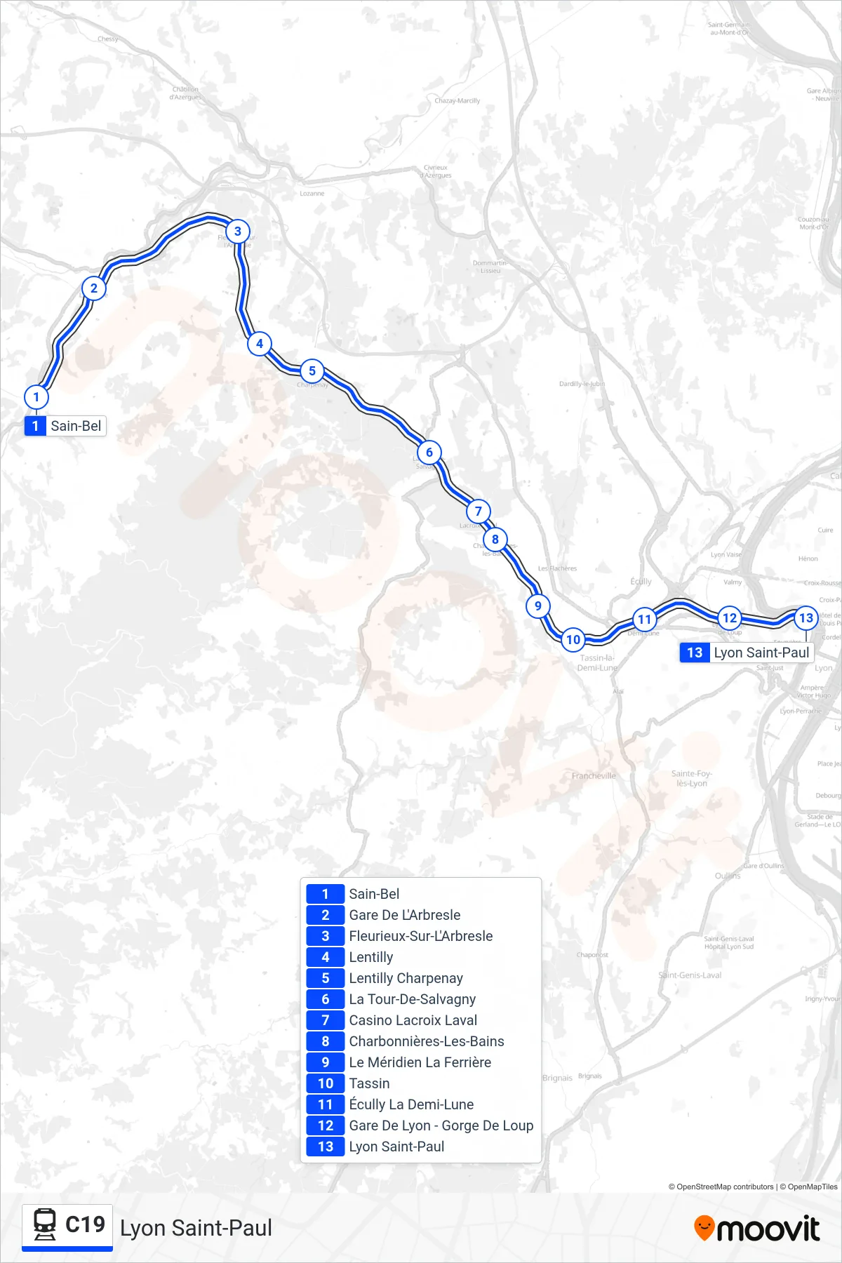 Tracé et arrêts de la ligne C19 de train (Lyon Saint-Paul) sur une carte