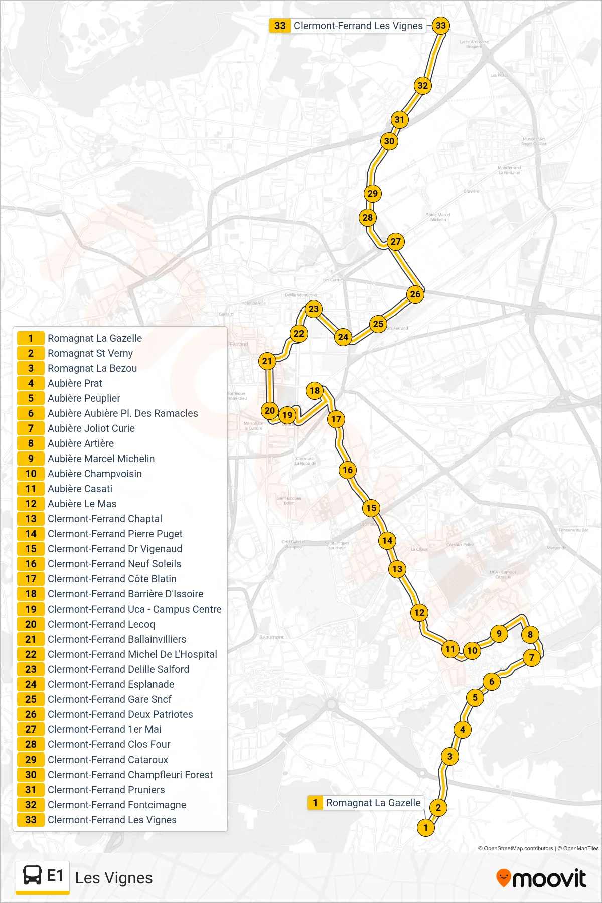 Tracé et arrêts de la ligne E1 de bus (Les Vignes) sur une carte