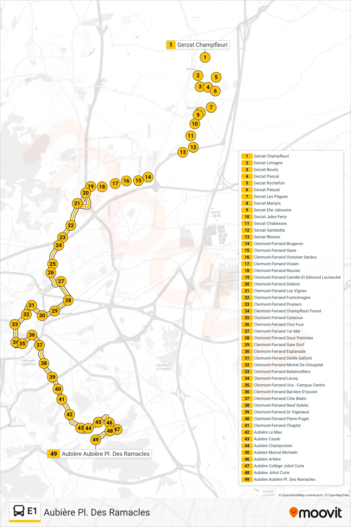 E1 bus Line (Aubière Pl. Des Ramacles) route and stops on a map