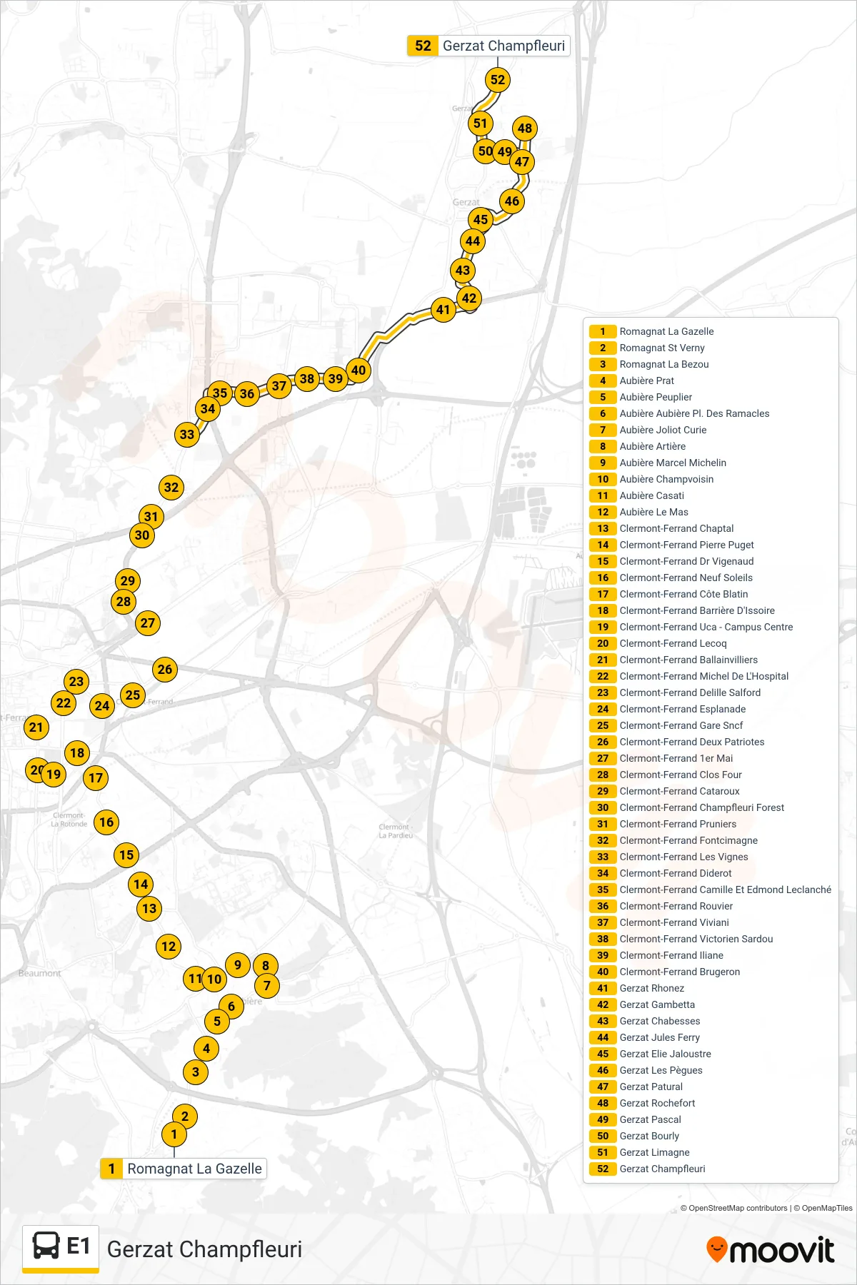 E1 bus Line (Gerzat Champfleuri) route and stops on a map