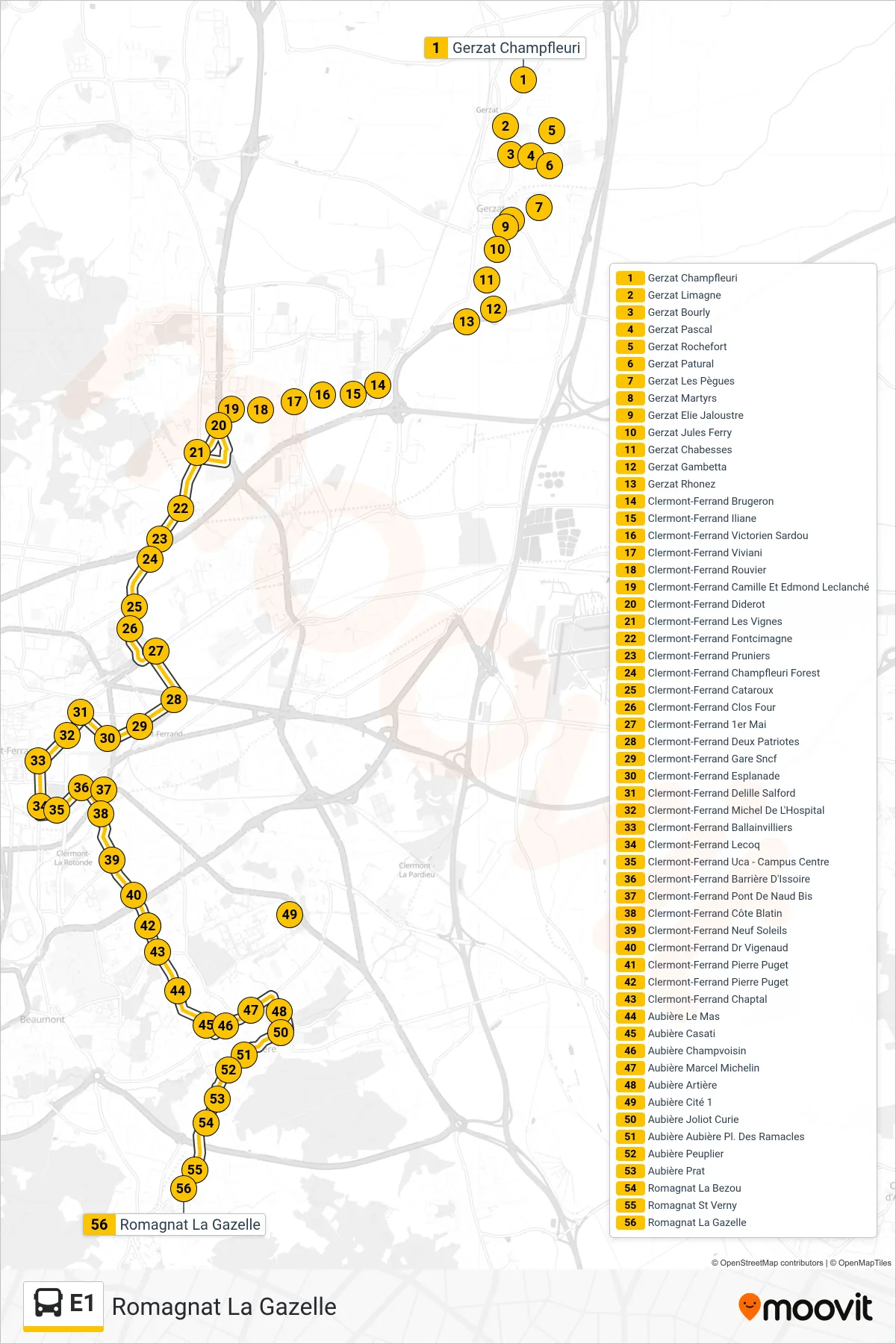 E1 bus Line (Romagnat La Gazelle) route and stops on a map