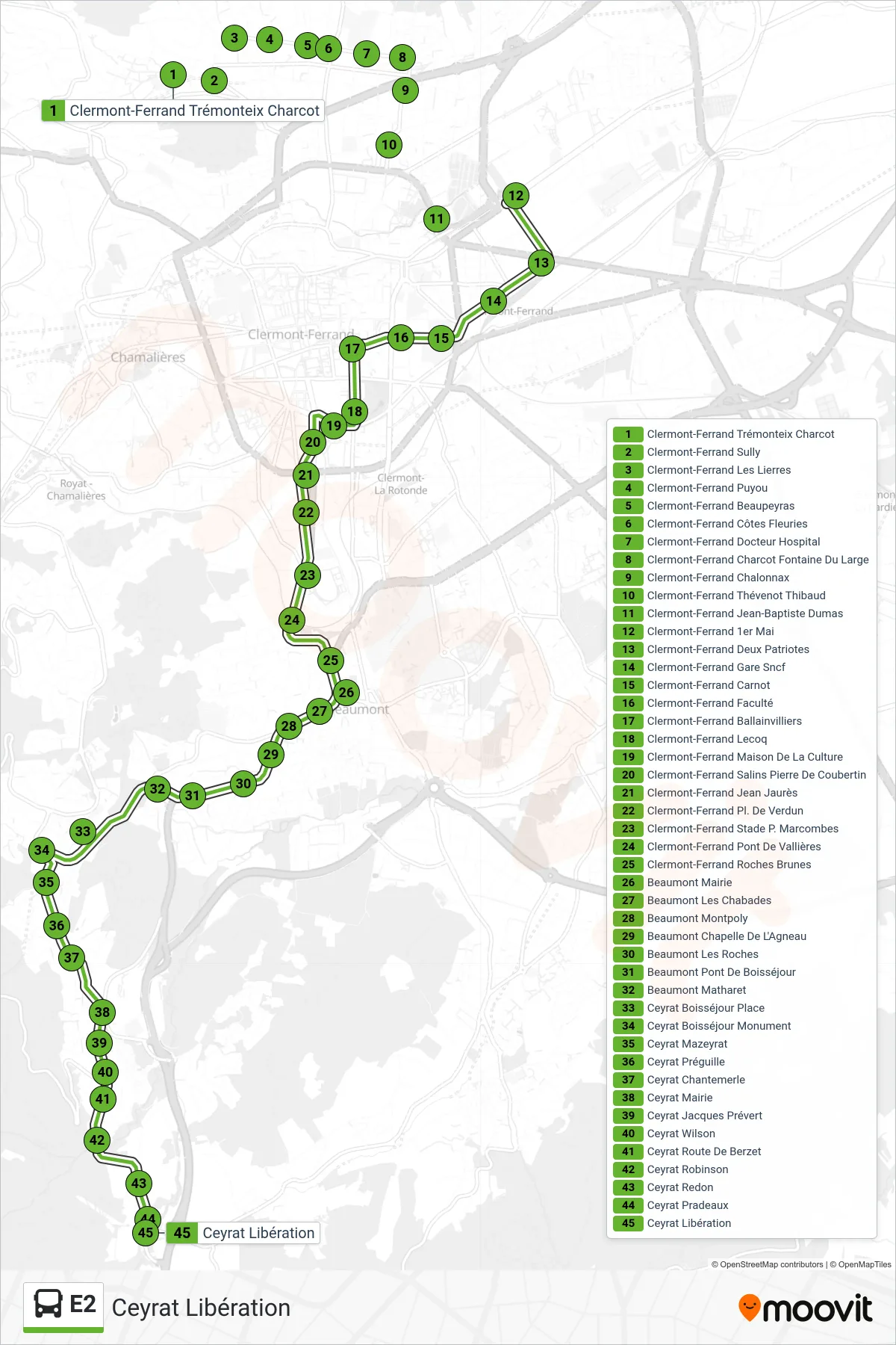 Tracé et arrêts de la ligne E2 de bus (Ceyrat Libération) sur une carte
