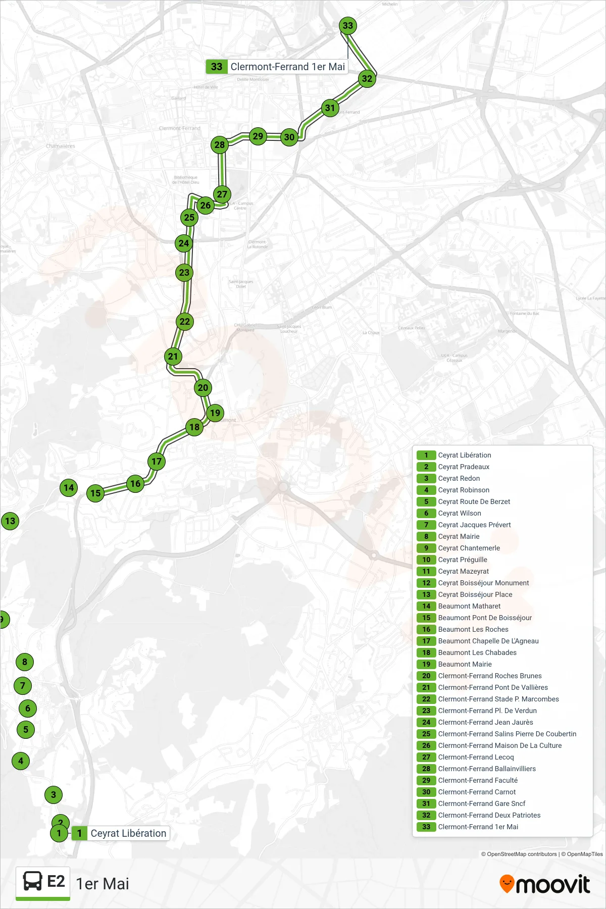 E2 bus Line (1er Mai) route and stops on a map