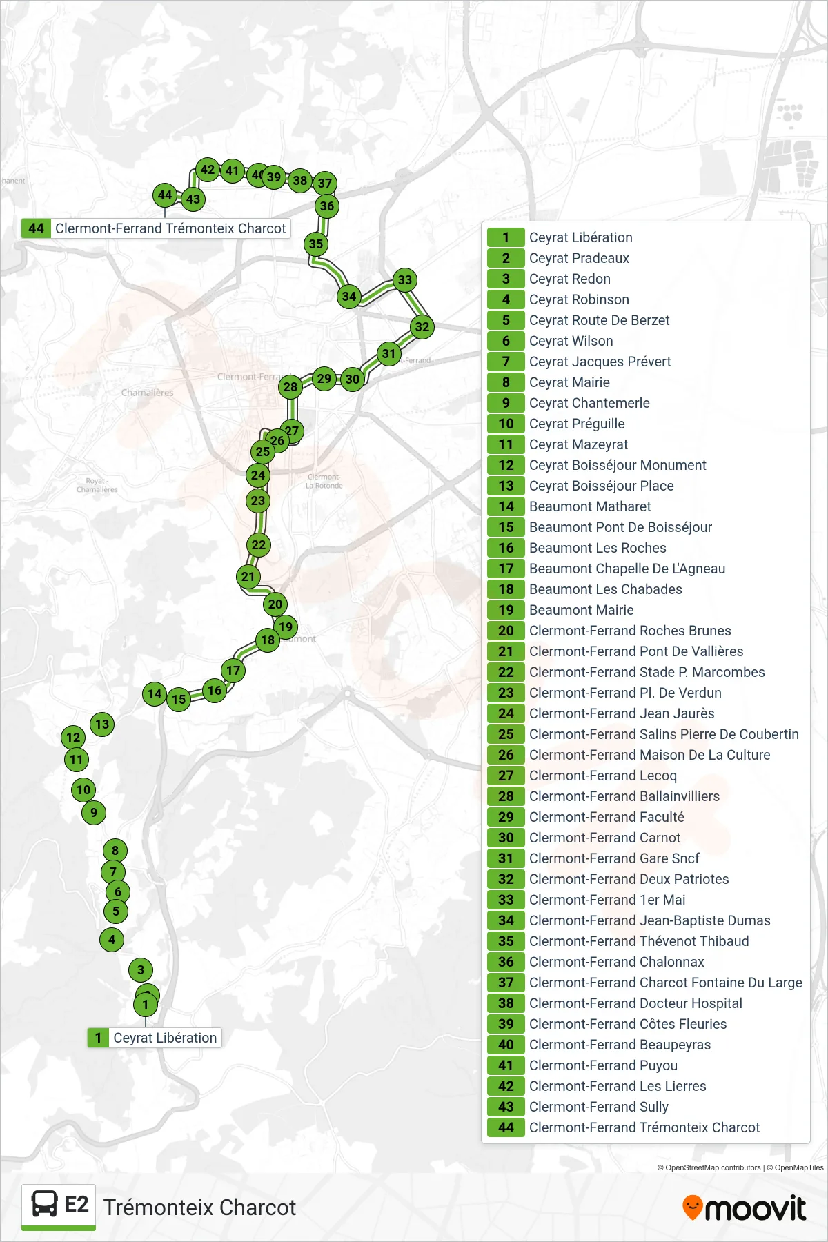 E2 bus Line (Trémonteix Charcot) route and stops on a map