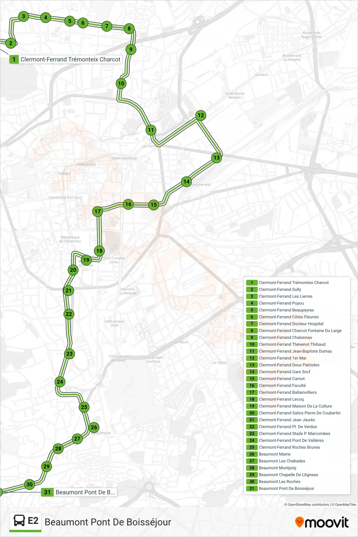 E2 bus Line (Beaumont Pont De Boisséjour) route and stops on a map