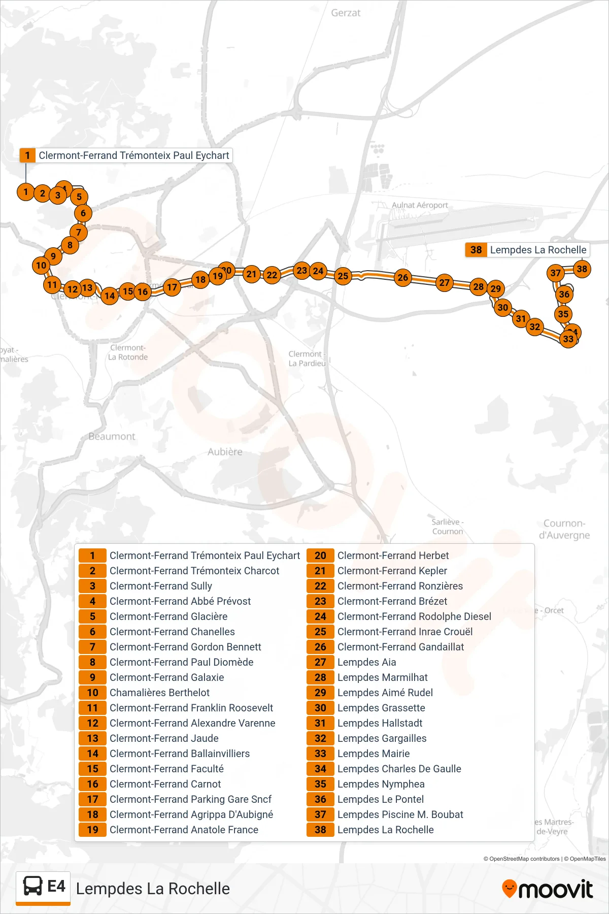 E4 bus Line (Lempdes La Rochelle) route and stops on a map