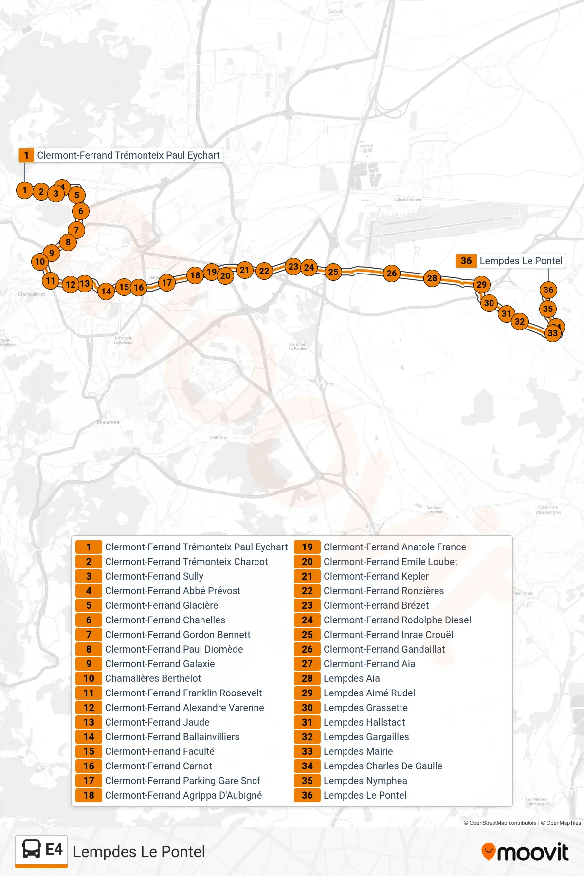 E4 bus Line (Lempdes Le Pontel) route and stops on a map