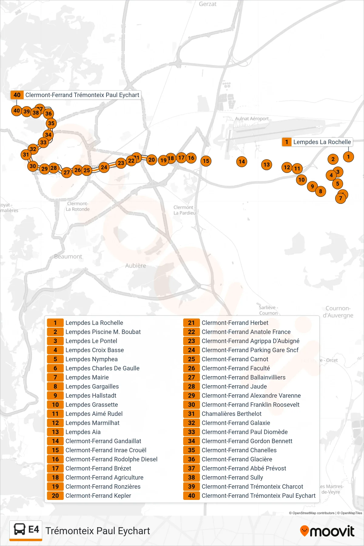Tracé et arrêts de la ligne E4 de bus (Trémonteix Paul Eychart) sur une carte