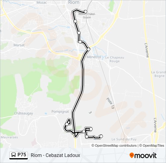 Plan de la ligne P75 de bus