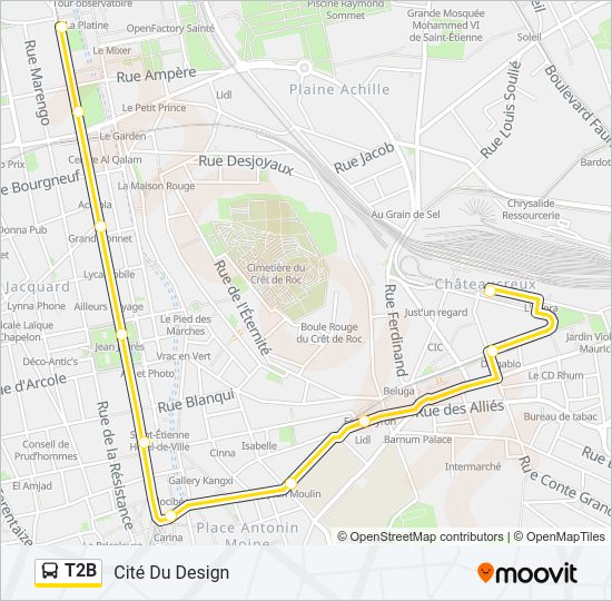 Plan de la ligne T2B de bus