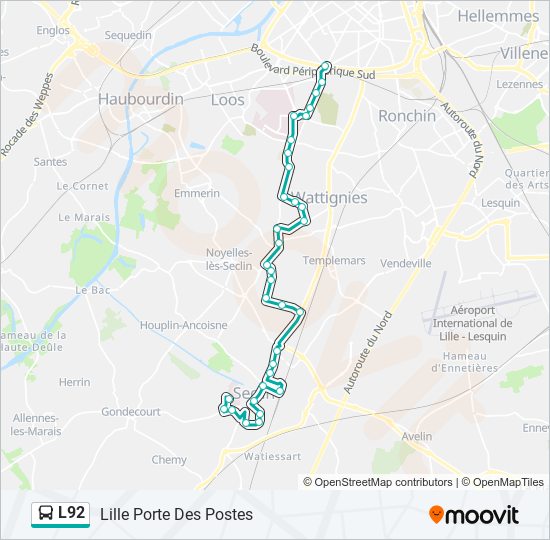 Plan de la ligne L92 de bus