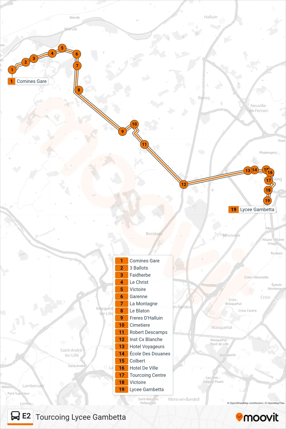 E2 bus Line (Tourcoing Lycee Gambetta) route and stops on a map