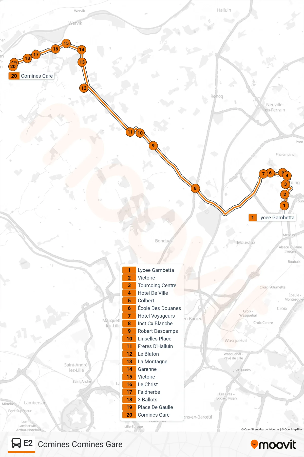 Tracé et arrêts de la ligne E2 de bus (Comines Comines Gare) sur une carte