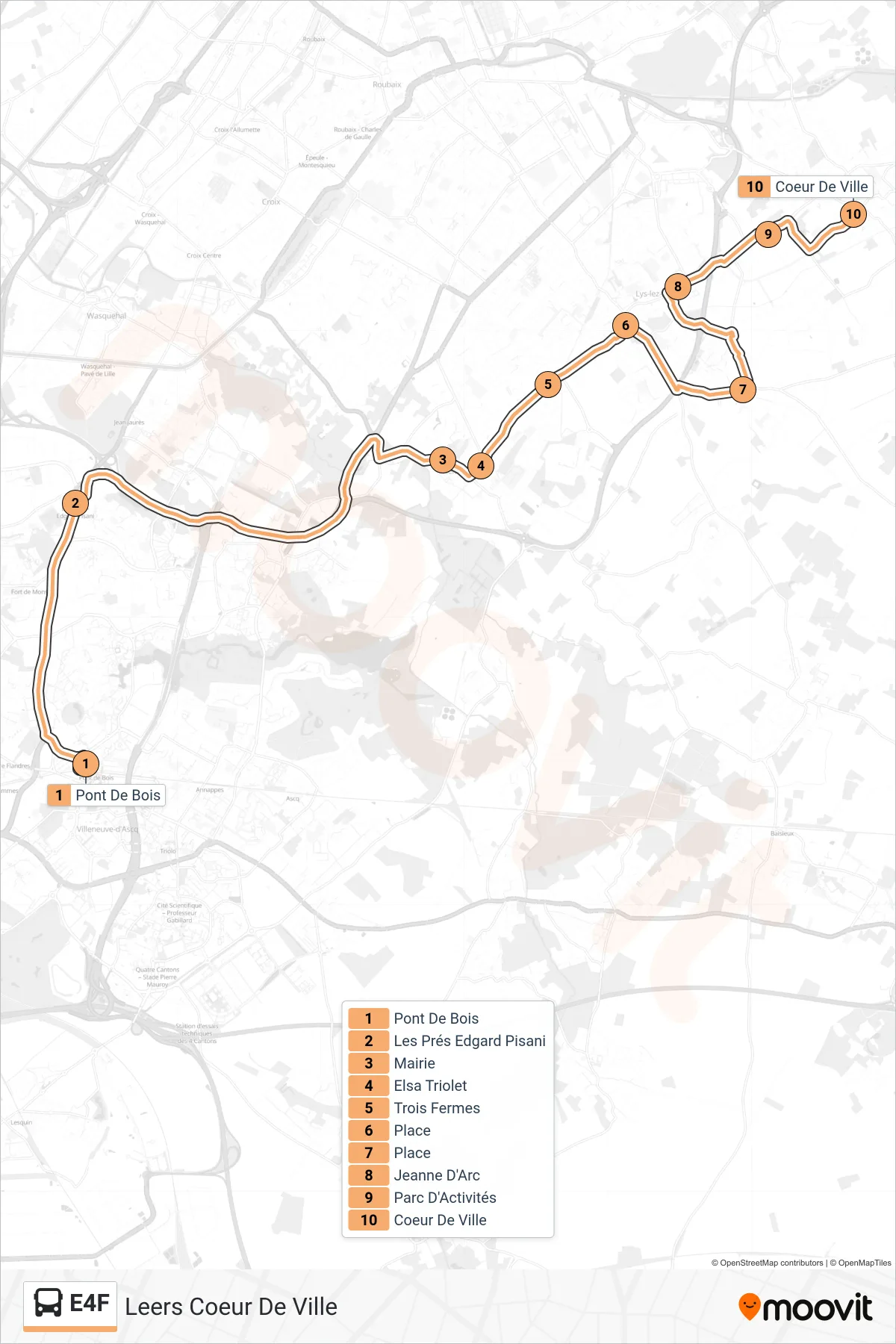 Tracé et arrêts de la ligne E4F de bus (Leers Coeur De Ville) sur une carte