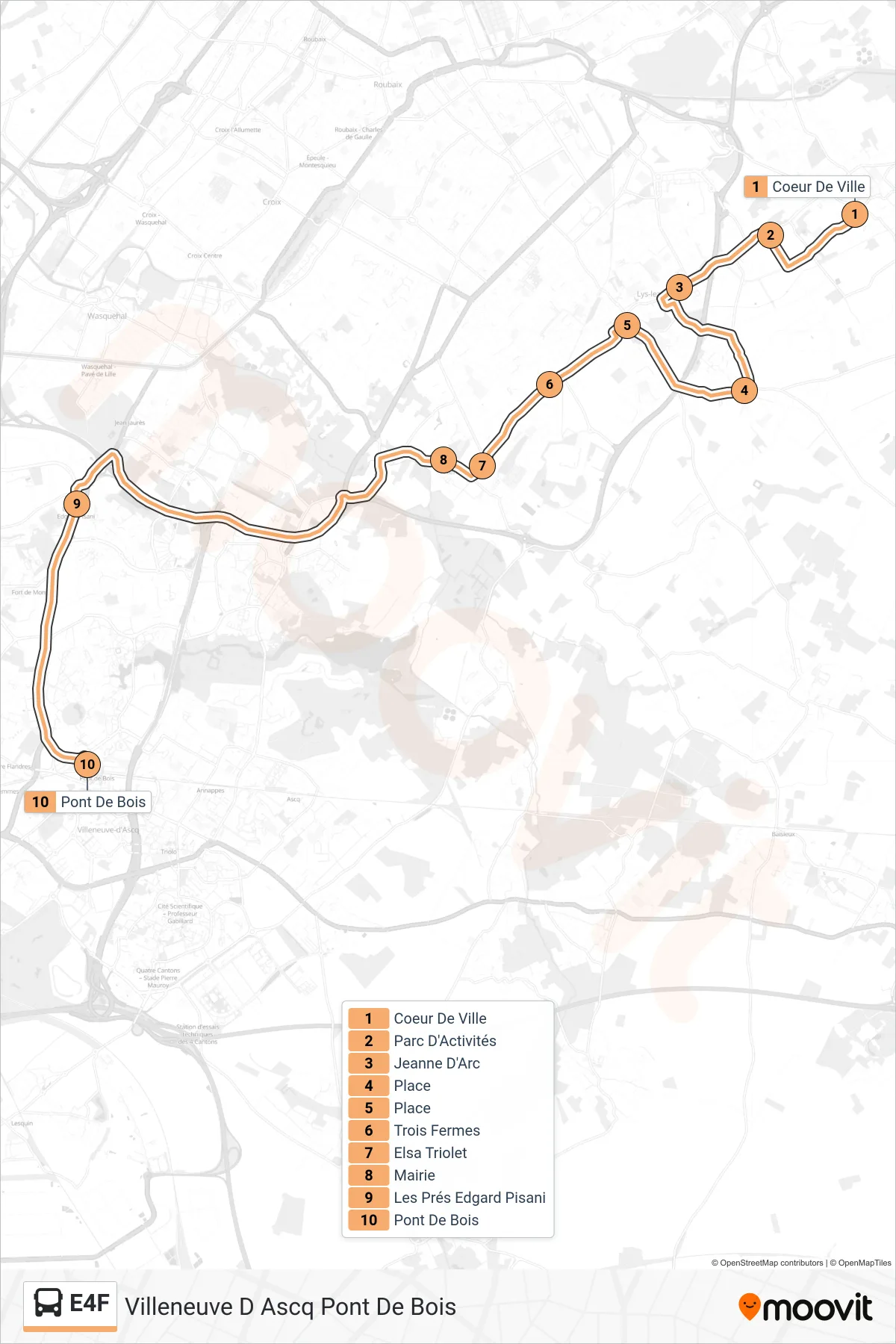 E4F bus Line (Villeneuve D Ascq Pont De Bois) route and stops on a map