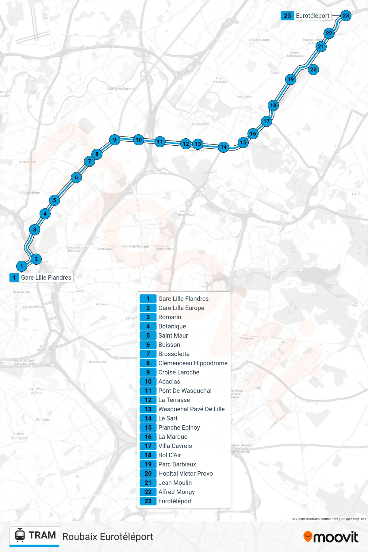 TRAM light rail Line (Roubaix Eurotéléport) route and stops on a map