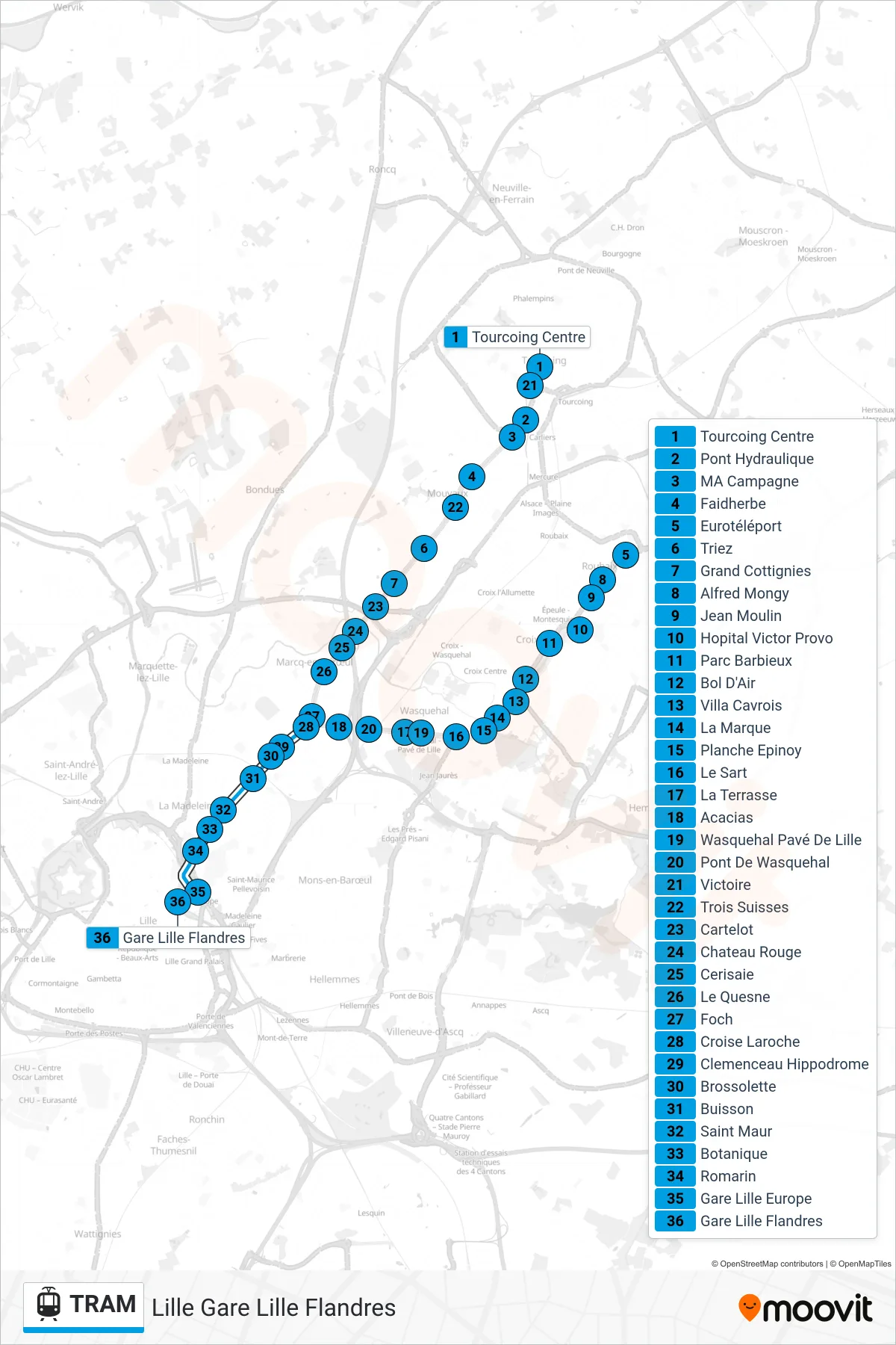 TRAM tram Line (Lille Gare Lille Flandres) route and stops on a map