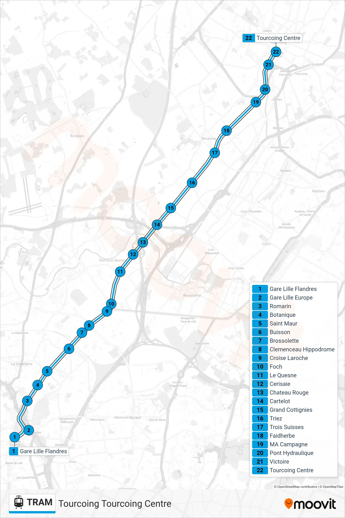 TRAM tram Line (Tourcoing Tourcoing Centre) route and stops on a map