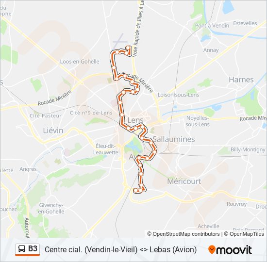 Plan de la ligne B3 de bus