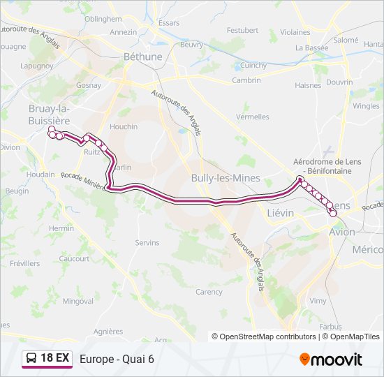 Plan de la ligne 18 EX de bus