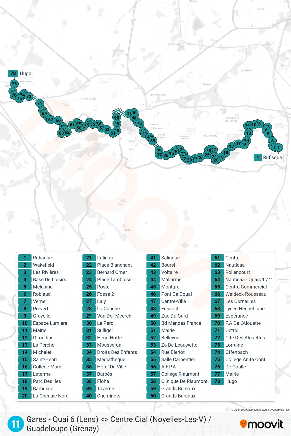 11 bus Line (Hugo) route and stops on a map
