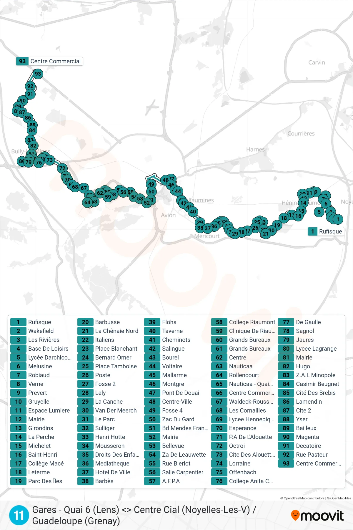 11 bus Line (Centre Commercial) route and stops on a map