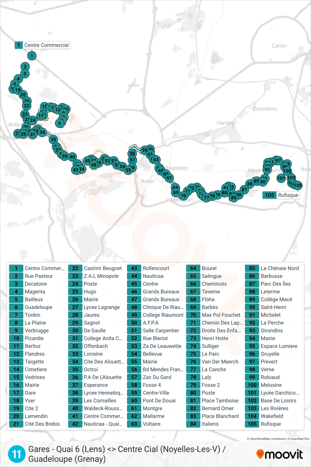 11 bus Line (Europe) route and stops on a map