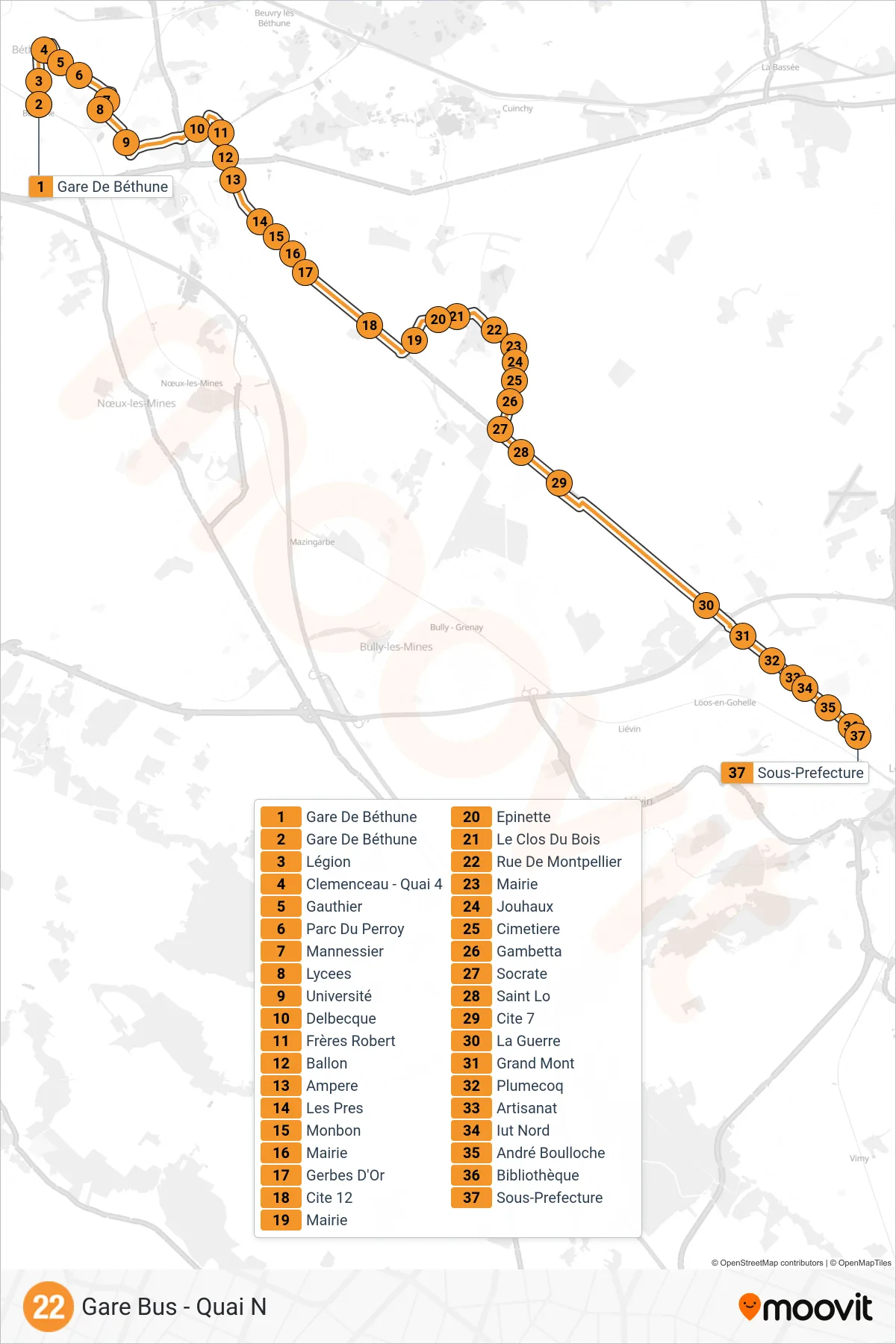22 bus Line (Gare Bus - Quai N) route and stops on a map