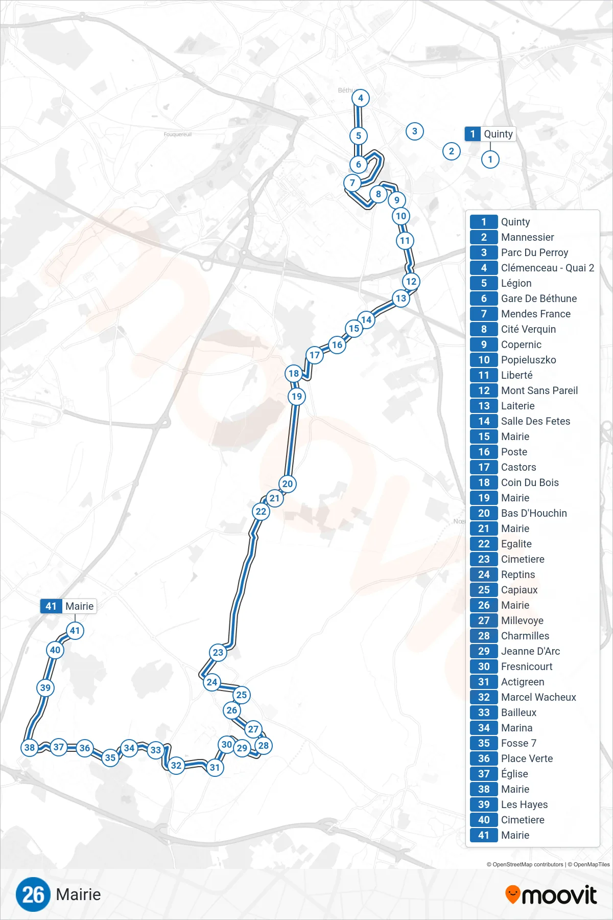 26 bus Line (Mairie) route and stops on a map