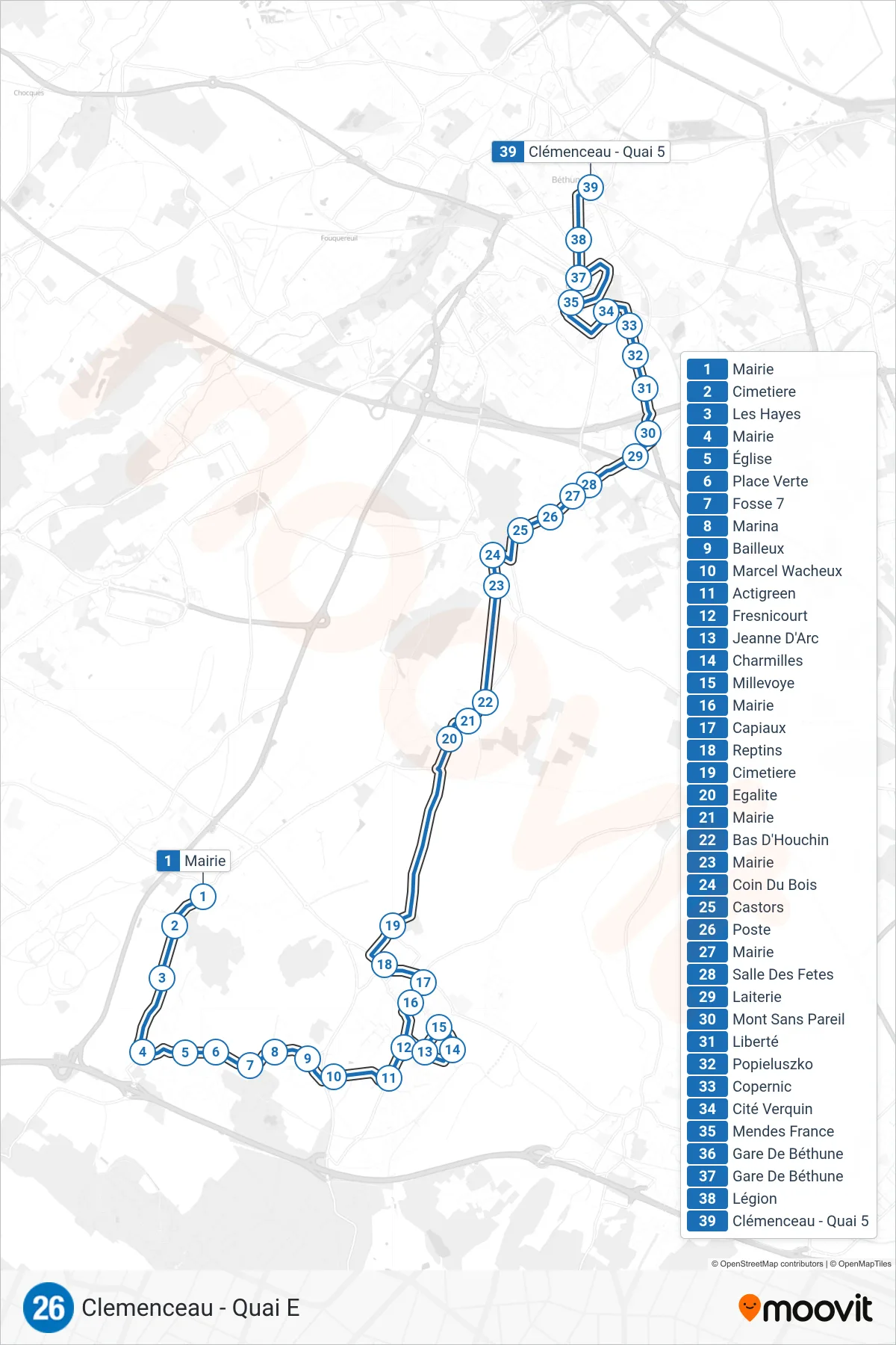 26 bus Line (Clemenceau - Quai E) route and stops on a map