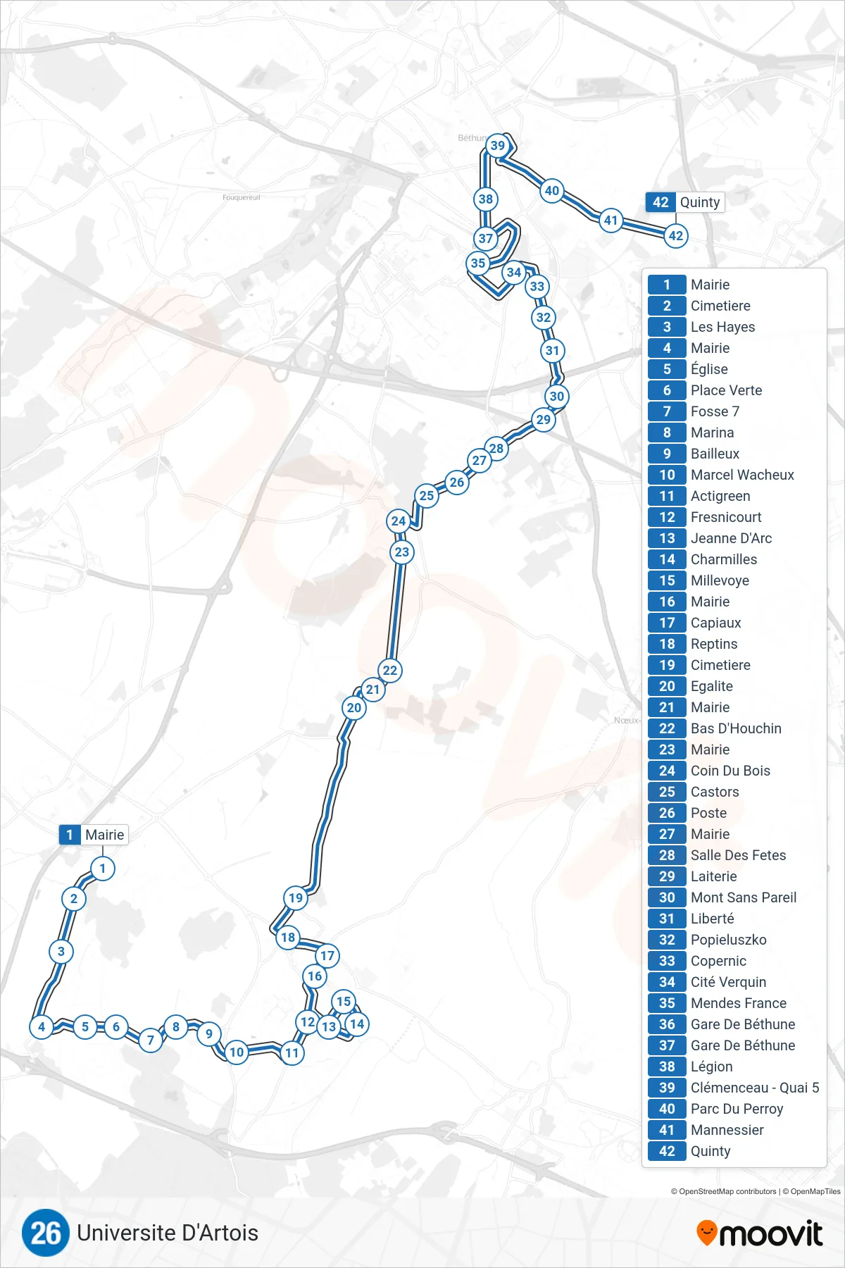 Tracé et arrêts de la ligne 26 de bus (Universite D'Artois) sur une carte