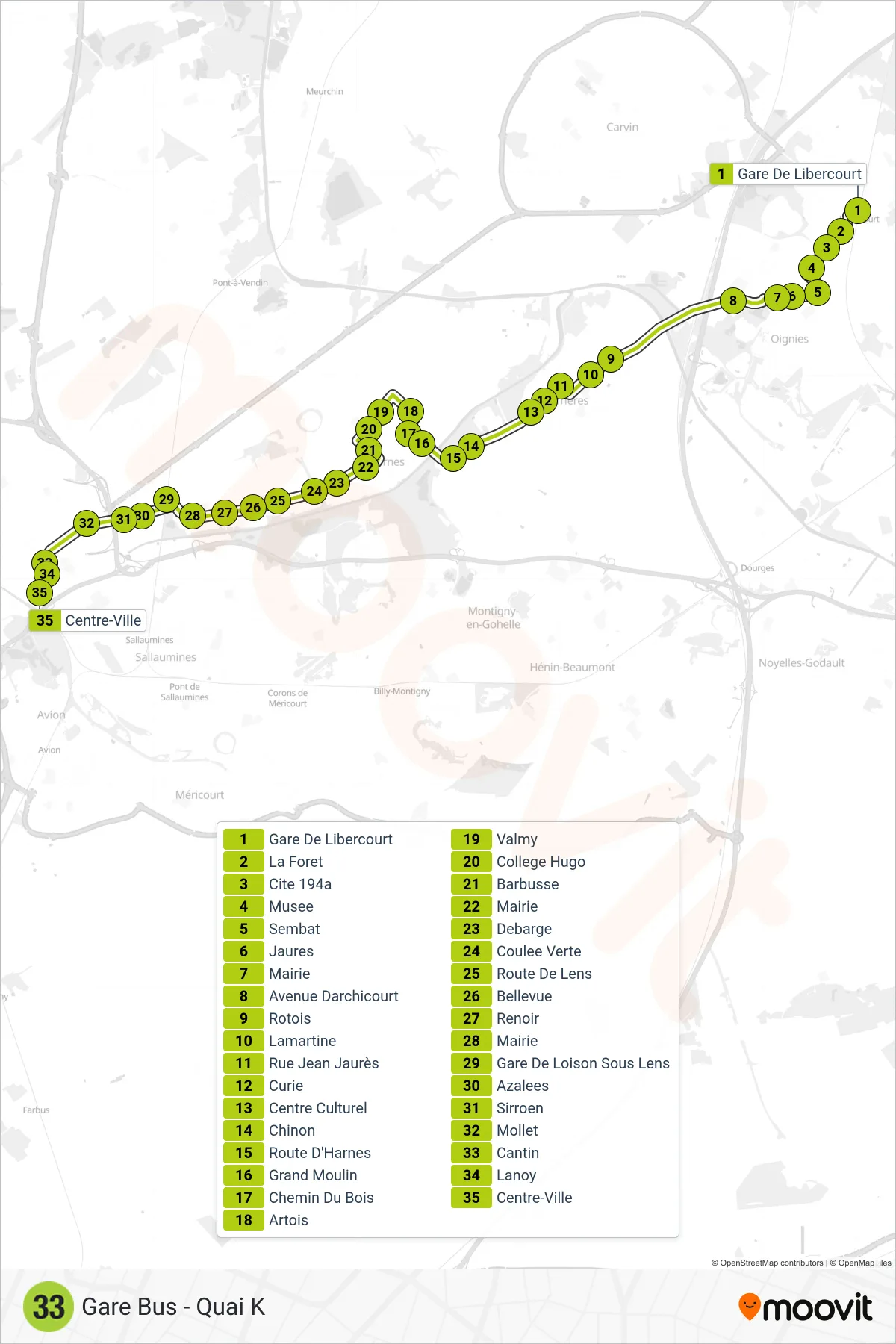 33 bus Line (Gare Bus - Quai K) route and stops on a map